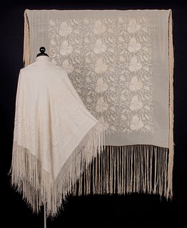 TWO CREAM CANTON SHAWLS, EARLY 20TH C