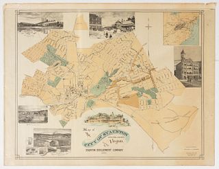 1891 STAUNTON, SHENANDOAH VALLEY OF VIRGINIA PERSPECTIVE MAP OF THE CITY