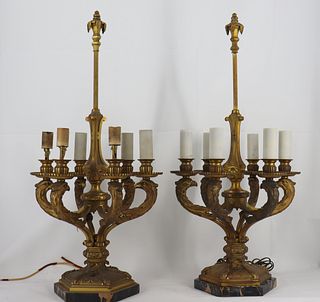 Maison Bagues Signed Pair of Gilt Bronze Lamps.