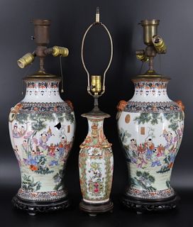 (3) Chinese Enamel Decorated Vases as Lamps.