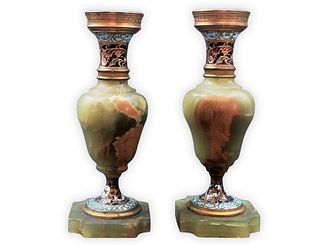 Pair Of 19th C. Onyx Champleve, French Enamel