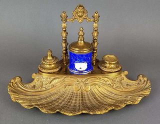 19th C. French Large Bronze & Porcelain Inkwell