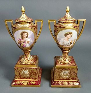 Pair of 19th C. Royal Vienna Covered Urns