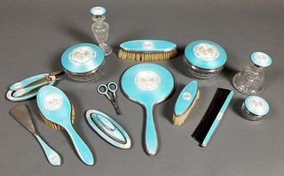 A Late 19th C. 17 Pc. Enamel and Sterling Silver Vanity