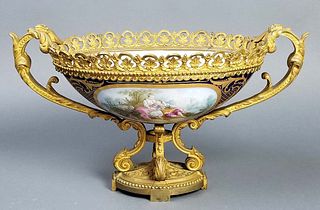 19th C. Serves Bronze and Porcelain Bowl, Signed