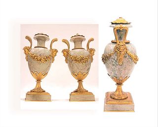 Pair Of 19th C. Mounted Figural Bronze Marble Urns