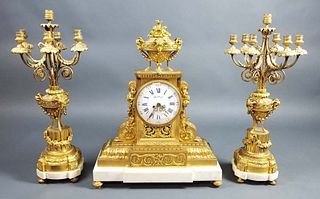 19th C. 3 Pc. French Gilt Bronze and Marble Clockset