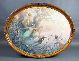 Large Georg Janny Oval Painting "Female Angels" Signed,
