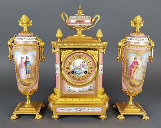 19th C. French Sevres Porcelain & Bronze Clockset