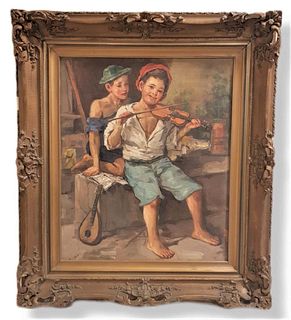 Signed Impressionist Oil On Painting Child Playing Violin