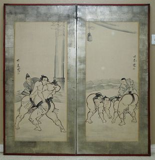 19th C. Japanese Two-Panel Folding Screen, Meirai.