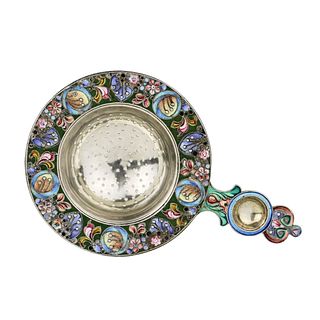 Russian silver tea strainer  with enamel decor  in the spirit of Russian Art Nouveau.