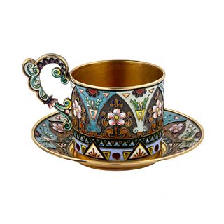 Amazingly beautiful enamel cup and saucer  Russian Art Nouveau in silver.