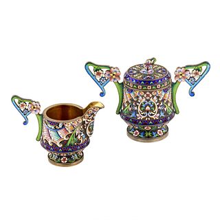 Art Nouveau cloisonn&eacute; enamel Russian silver creamer and sugar bowl.