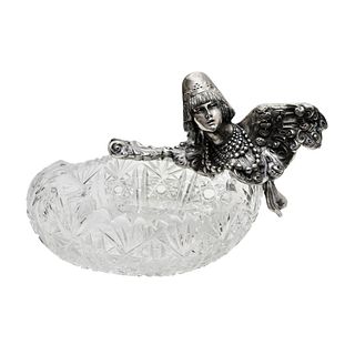 Russian fruit pot made of heavy crystal and silver  in the form of a female figure - the Alkonost bird.