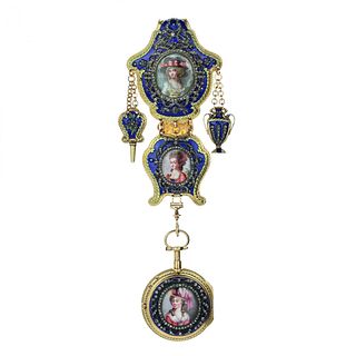 Chatelain with gold pocket watch  diamonds and enamel painting. France 19th century.