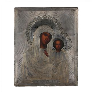 Icon of the Kazan Mother of God in a silver setting.