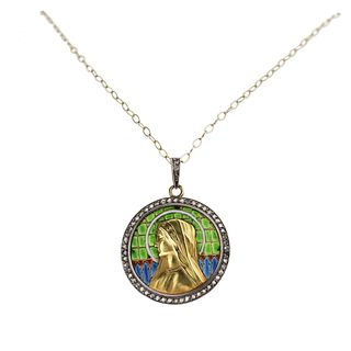 An elegant gold pendant on a chain with Our Lady on stained glass enamel  in an antique case.