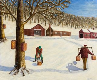 Herbert Fink Winter Farm Scape Oil on Canvas