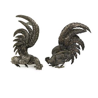 (2) Pair of Silver Plated Rooster Bird Statues
