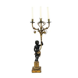 Antique Large French Gesso and Wood 3 Ft Cherub Candelabra