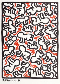 Keith Haring "Crawling Babies" Ink Drawing, Estate COA