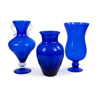 (3) Group of Cobalt Blue Glass Vases and Vessels