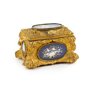 19th C French Ormolu Brass Ornate 5 Panel Jewelry Casket