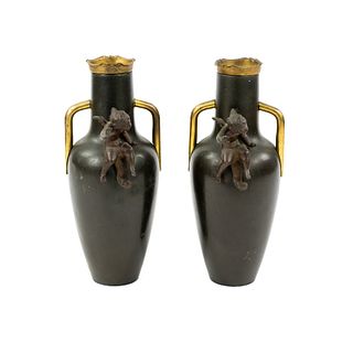 (2) Pair of Bronze and Gilt Vase Form Cherub Candleholders