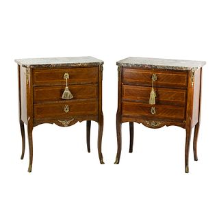 (2) Pair of French Louis XV Inlaid Marble Top Side Tables