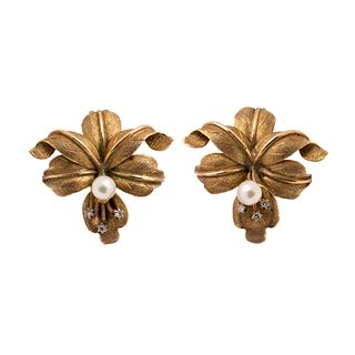 Pair of 18K Gold Floral Earrings with Pearls & Diamonds