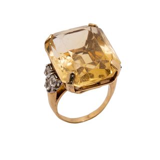 14K Gold Art Deco Yellow Topaz and Diamond Ring