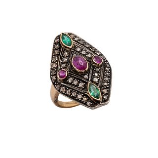 14K Gold Art Deco Ruby Emerald and Diamond Ring 