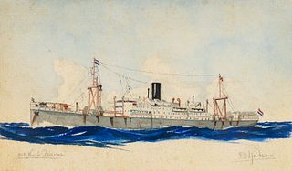 Dutch East Indies 'SS Kota Baroe' Watercolor Signed