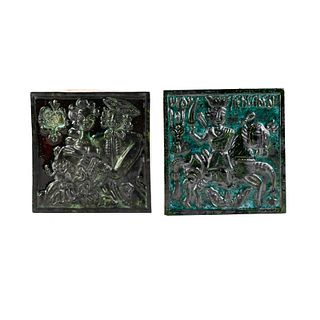(2) Iron and Green glazed Pressed Decorative Tiles