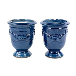 (2) Pierre Deux Style Anduze Ceramic Blue glazed Vases