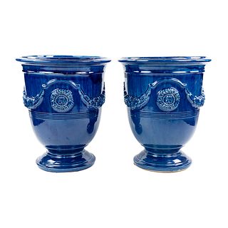 (2) Pierre Deux La Madeleine Anduze Ceramic Blue glazed Vases