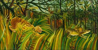 After Henri Rousseau Jungle Tiger and Lion O/C Painting