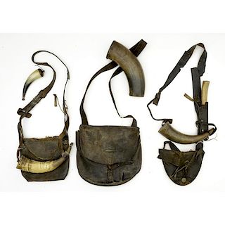 Lot of 3 19th Century Hunting Bags with Horns and one Knife