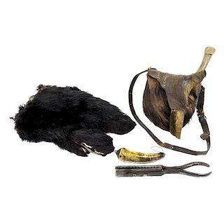 Early Fur Covered Hunting Bag with Knike, Horn, Gang Mold and Bearskin Mittens