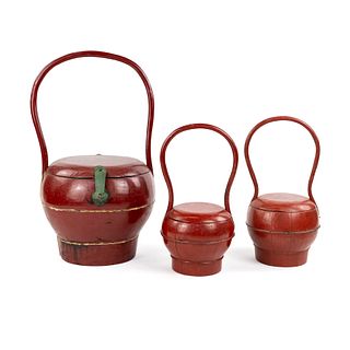 (3) Group of Chinese Red Lacquered Wedding Baskets