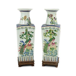 (2) Chinese Square Four Seasons Famille Verte Style Vases