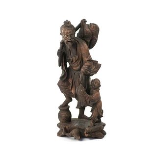 Chinese Carved Wood Fisherman and Child Figure