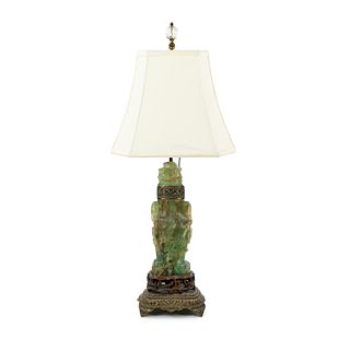 Antique Chinese Green Quartz and Brass Table Lamp