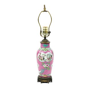 Antique Chinese Pink Famille Rose Mounted Vase Table Lamp