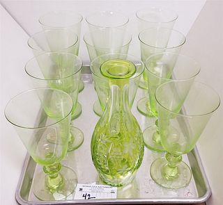 TRAY II VASELINE GOBLETS AND VASELINE CUT TO CLEAR DECANTER NO STOPPER 9"