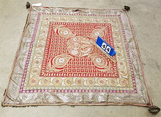 INDO THROW W/METAL, THREAD EMBROIDERY W/METAL BELL EDGING 41"SQ
