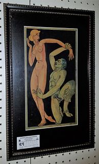 FRAMED MILTI MEDIA BACCHUS AND WOMAN SGND LACT 1937 12-1/2" X 7"