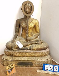 ANTIQUE BRONZE PARCEL GILT BUDDHA 30"H X 26"W X 12"D WAND IN FRONT OF FACE HAS TO BE REATTACHED