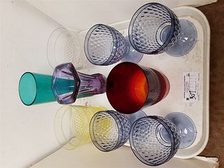 TRAY HAND BLOWN COLOR GLASS-4 VILLEROY & BOCH GOBLETS, 3 BEAKERS-1 RED SGND. PAIRPOINT VASES